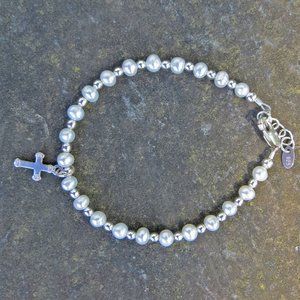 Girls Pearl and Sterling Bead Cross Bracelet